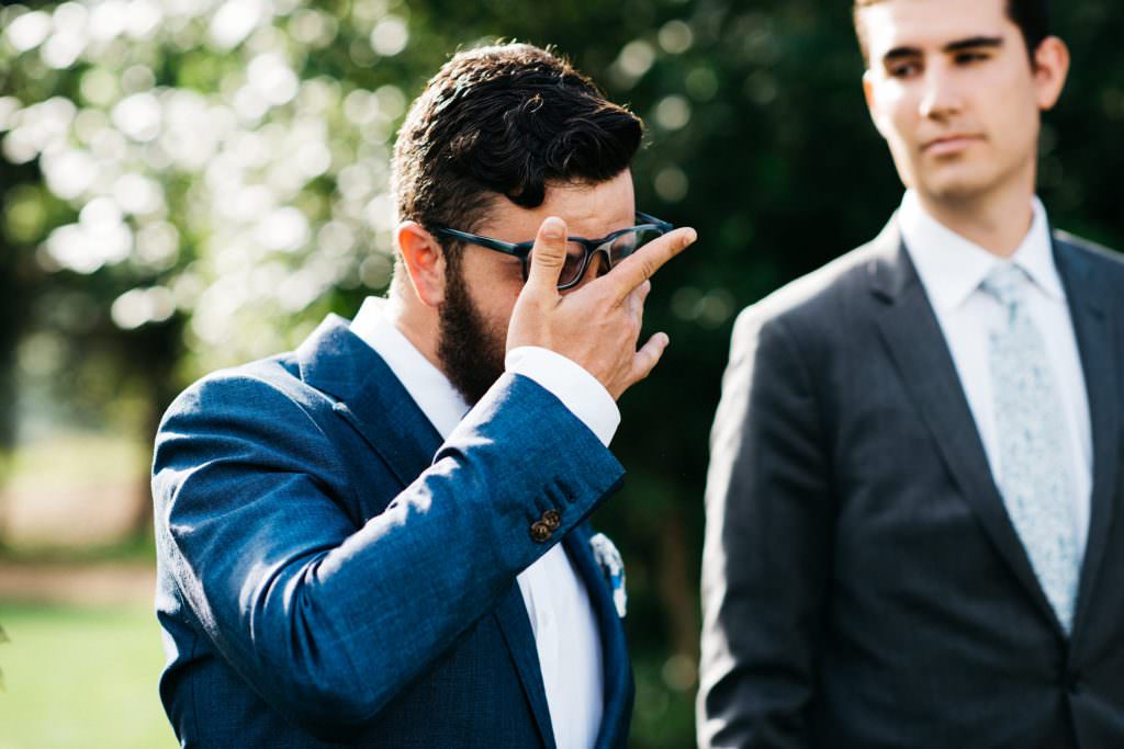 Daniel tears up as he sees Zoe for the first time as her dad walks her down the aisle at Woodinville Lavender Farm, Washington, Summer 2016