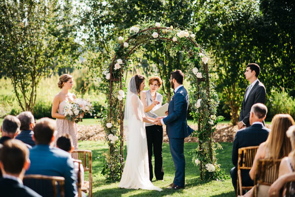 Zoe and Daniel at their wedding ceremony, Woodinville Lavender Farm, Washington, summer 2016. Officiant: Annemarie Juhlian
