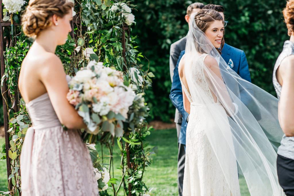 Zoe's veil catches the wind during her wedding to Daniel at Woodinville Lavender Farm, Washington, summer 2016