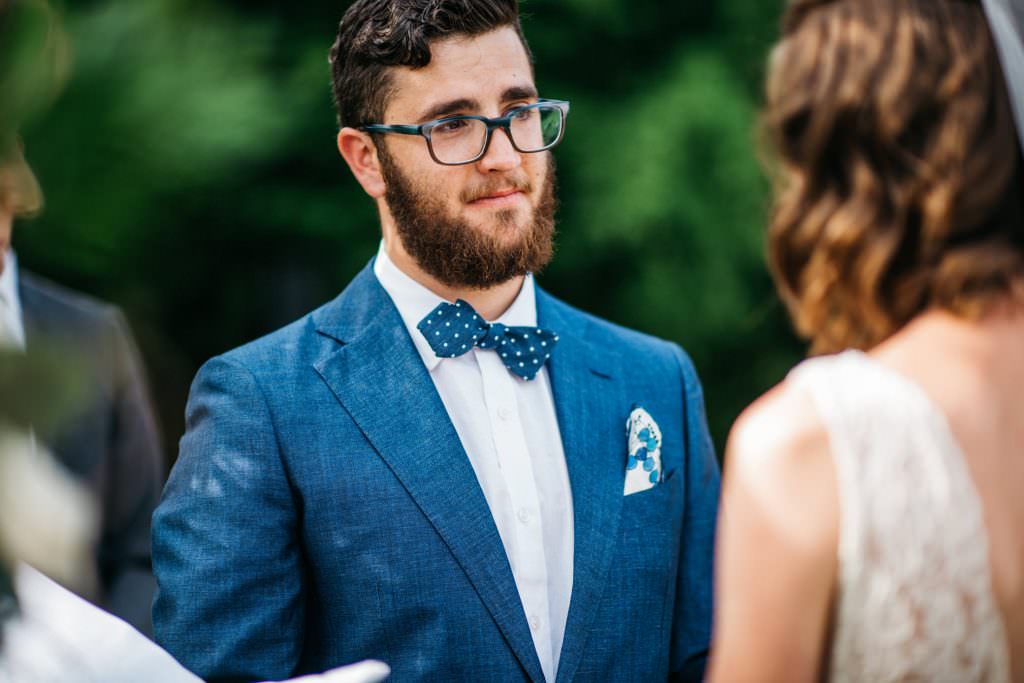 Daniel is emotional during his and Zoe's wedding ceremony at Woodinville Lavender Farm, Washington, summer 2016