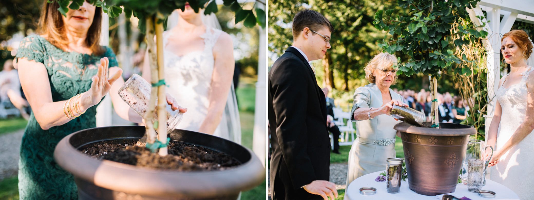 Moms of the bride and groom pour dirt from the gardens of both families into a lime plant to signify the union.