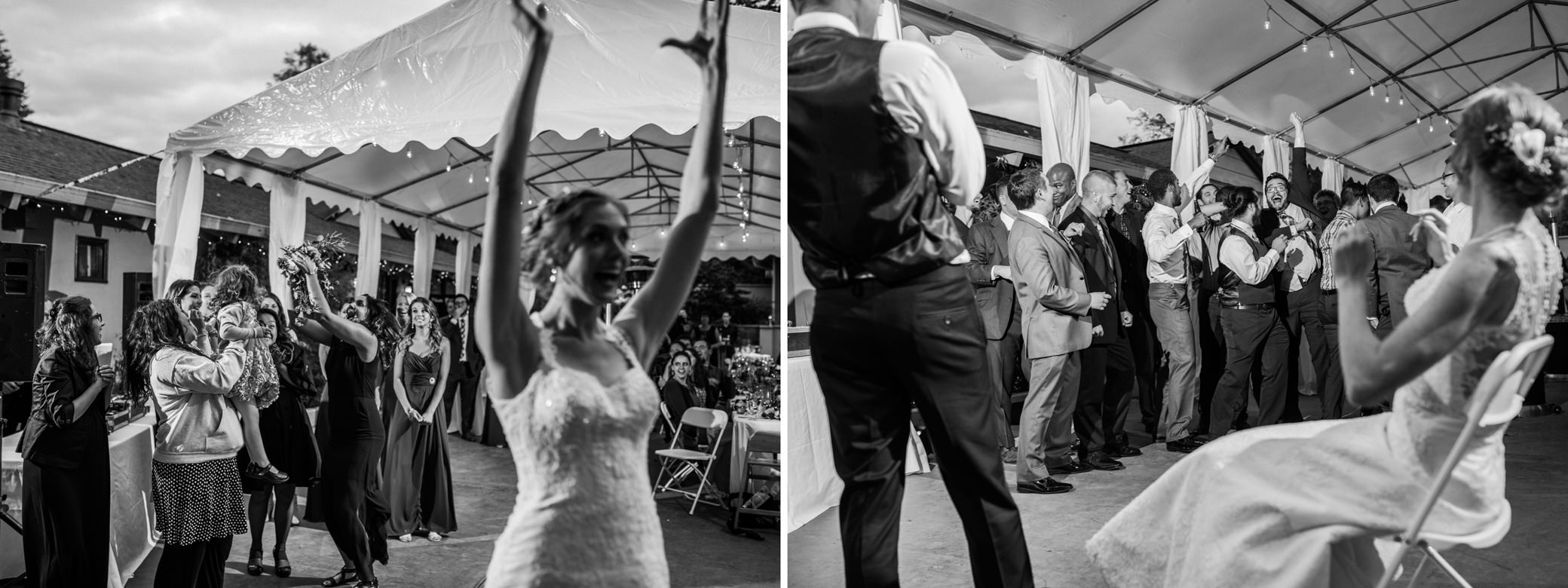 Bouquet toss and garter toss at Katherine and Graeme's wedding reception at Kingston House, WA.