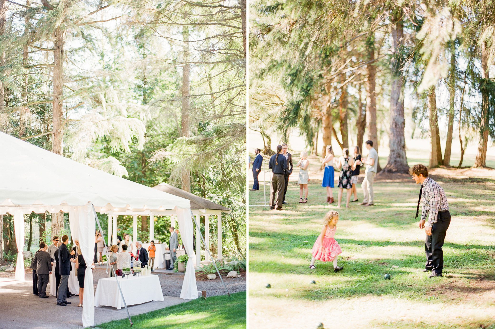 Guests mingling before Katherine and Graeme's wedding ceremony at Kingston House, WA. September 2016.