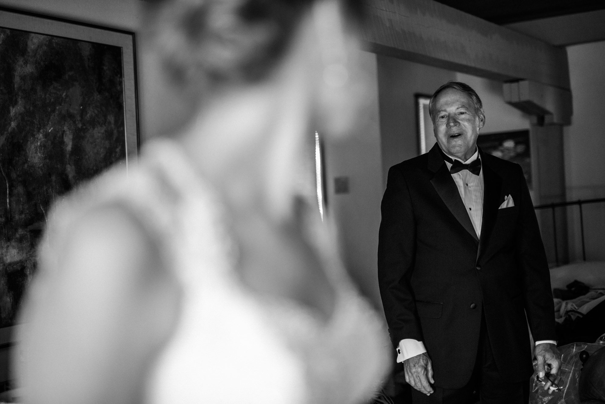 Katherine's dad sees her in her dress for the first time. Kingston House wedding, September 2016. Kingston, Washington.