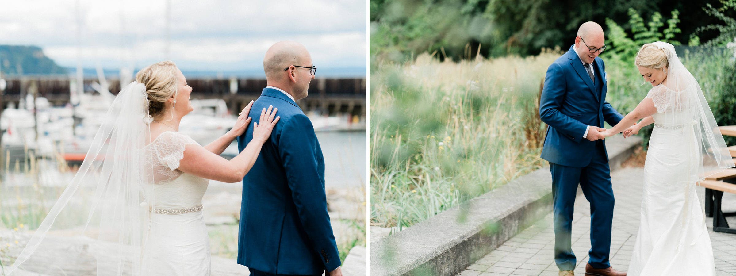 Boatyard Inn Whidbey Island wedding: First Look for Sara and Joe outside the Inn
