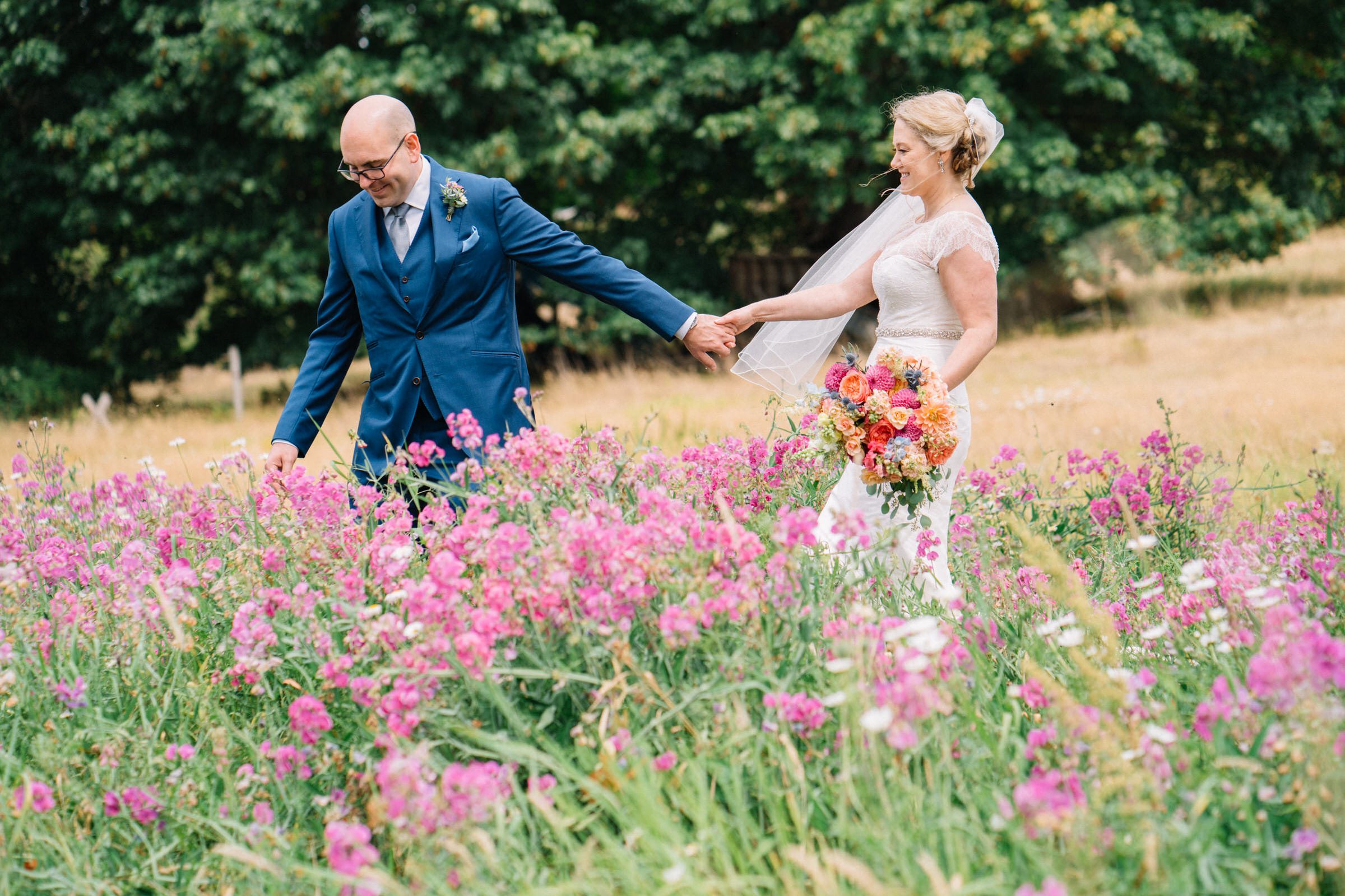 Wayfarer Whidbey Island Wedding: Wedding portraits for Sara and Joe at a small field of sweet peas near the farm
