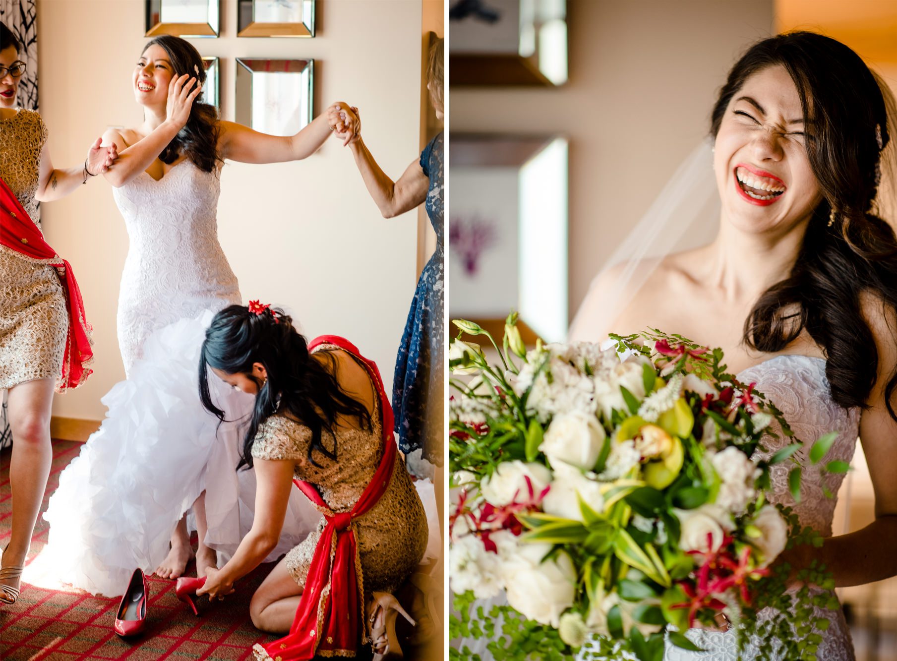 Joyous bride Kelly getting dressed at The Edgewater Hotel, Seattle. Photo by Jenn Tai, Seattle Wedding Photographer