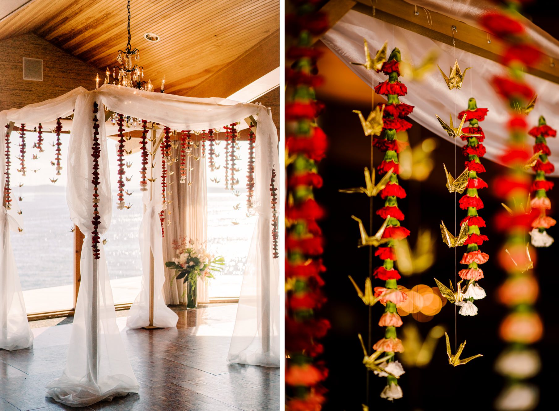 Union of two cultures Mandap with colorful Japanese origami and jasmine florals