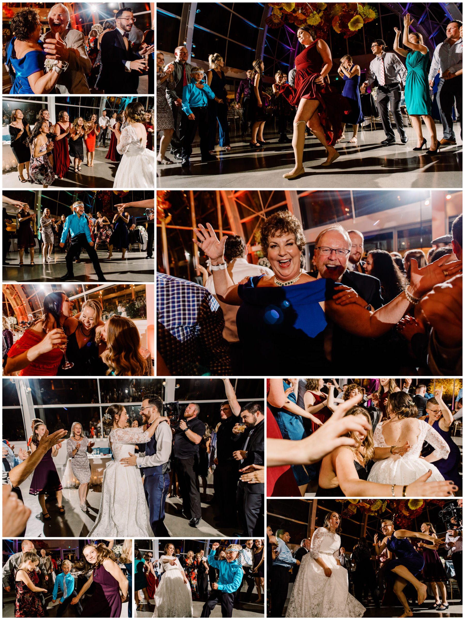 Lauren and Kyle guests partying at their wedding at Chihuly Garden and Glass