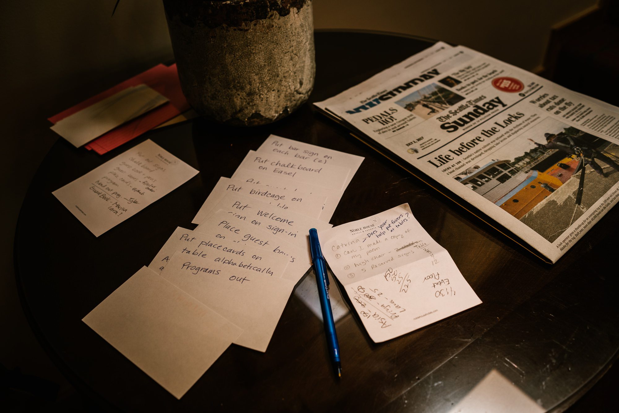 The Seattle Times on Kelly and Ash's wedding day, with planning notes, by Jenn Tai, Seattle Wedding Photographer