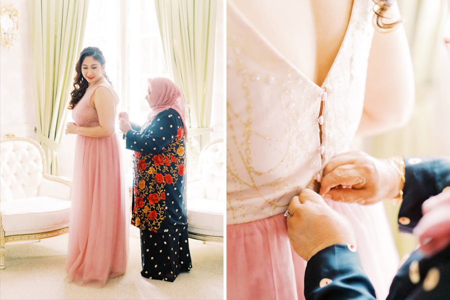 Nadira's mom helps her into her gown