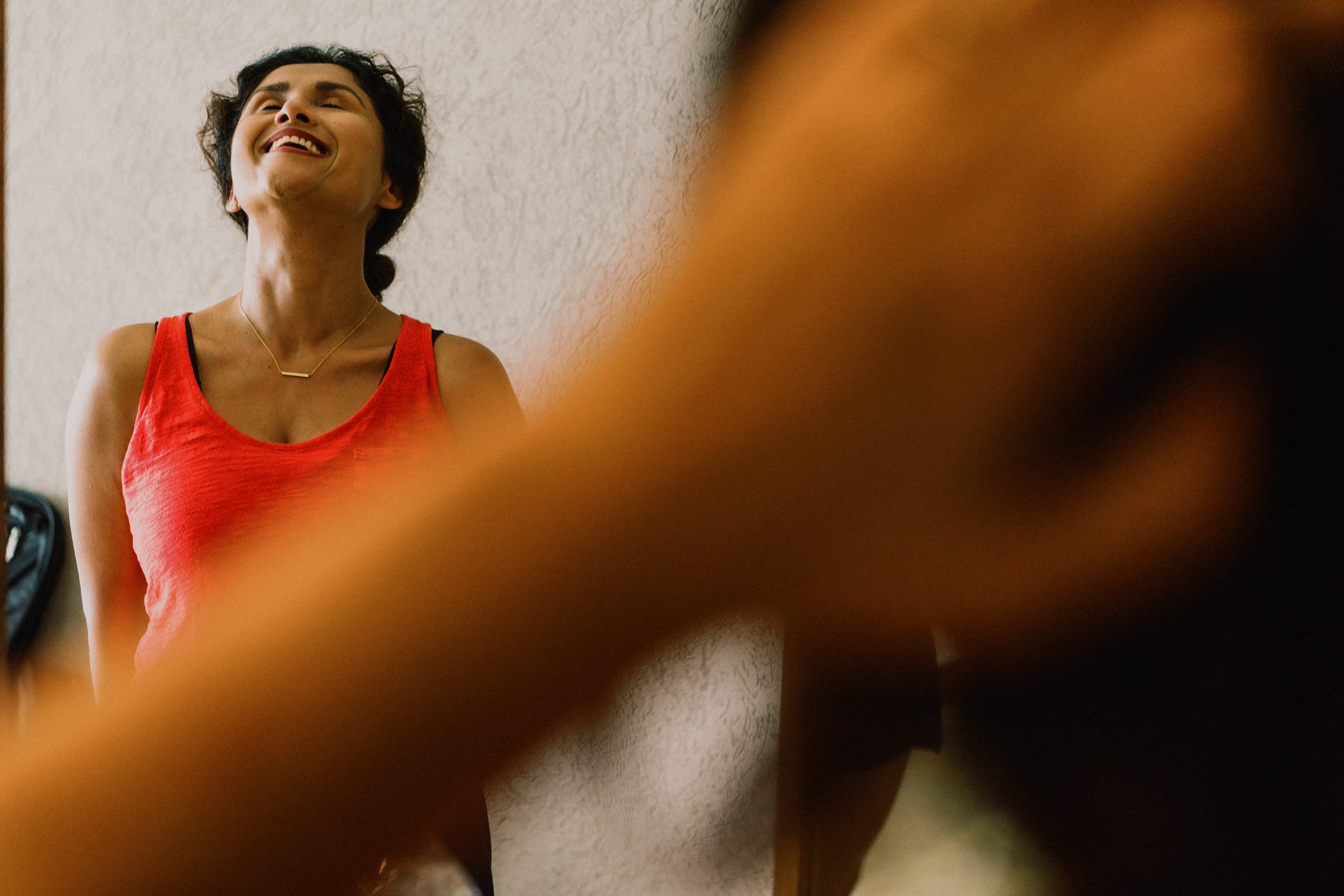 Friend Michiko laughs at a joke