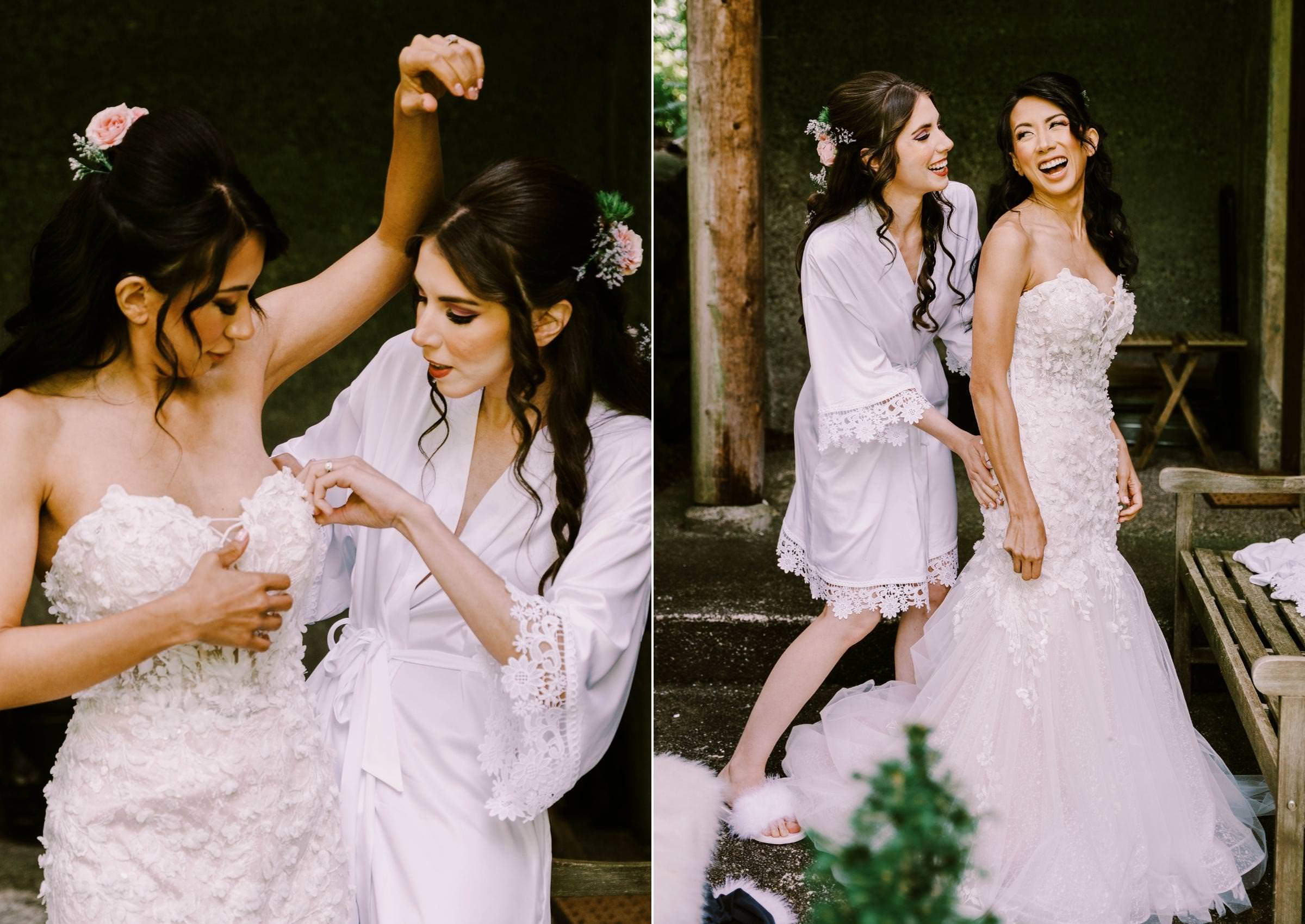 Erika helping her bride Megan get ready for their wedding at Graybridge Venue, Snohomish WA. Summer 2022