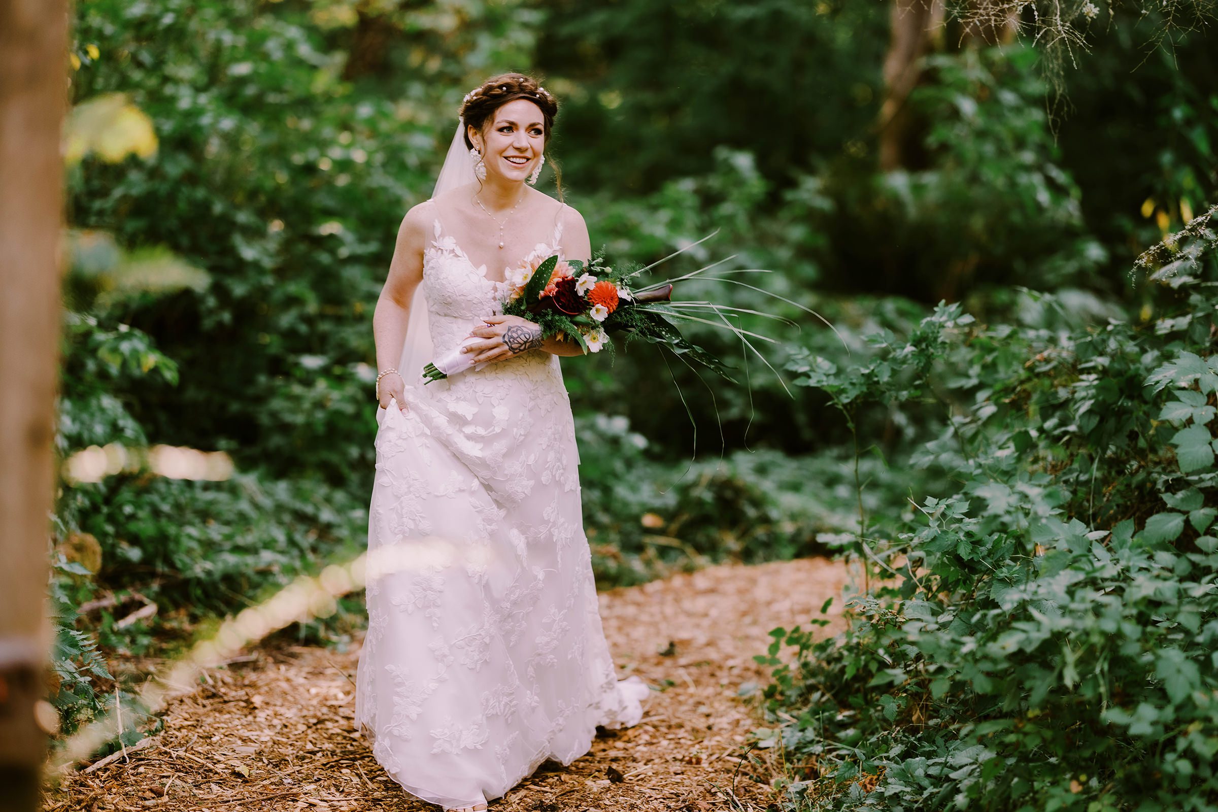 Annika walking to her wedding ceremony in her backyard.