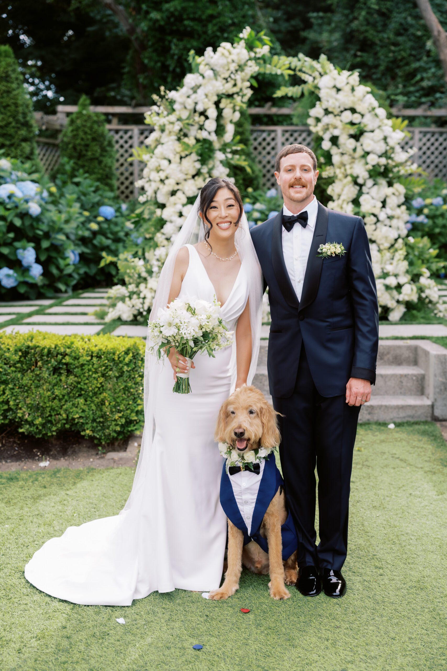 Bride, groom and dog at The Admiral's House wedding venue, photo by Seattle Wedding Photographer JENN TAI